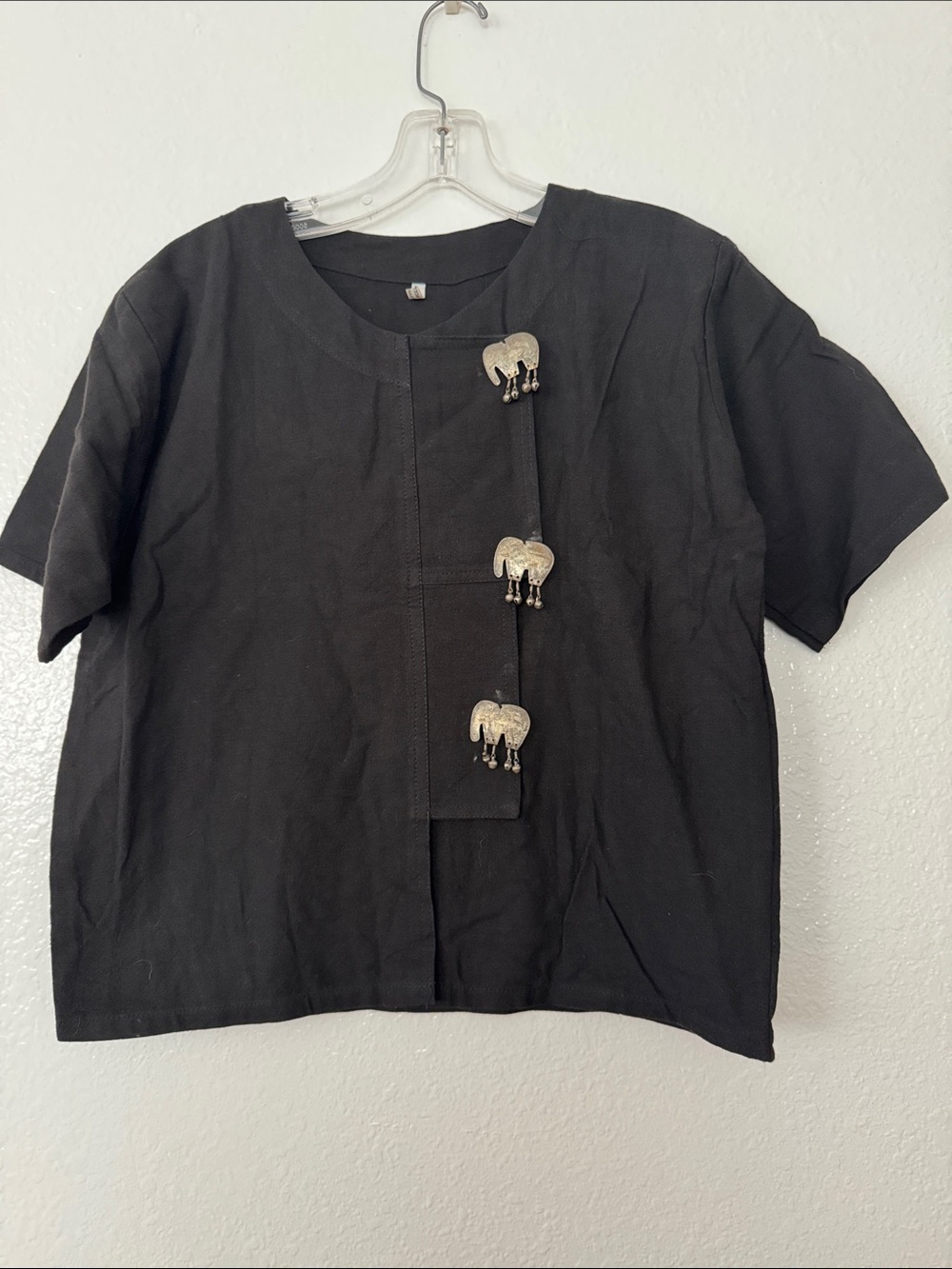 Black 100% Cotton real silver elephant bell buttons Thailand Top